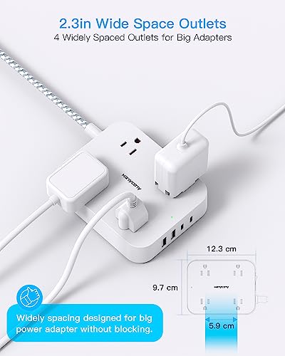 5 Ft White Flat Plug Power Strip with 4 USB Ports & 2 USB-C - Space-Saving Extension Cord