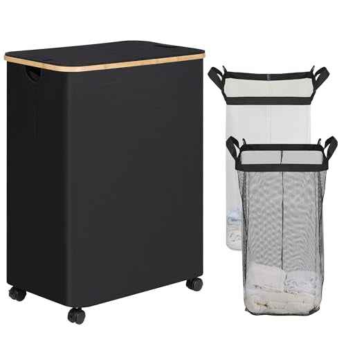 efluky Double Laundry Hamper with Wheels, Divided Laundry Hamper with Removable Bags, 2 Section Dirty Clothes Basket with Handles for Bathroom, Bedroom & Laundry Room, 160L Dark Black