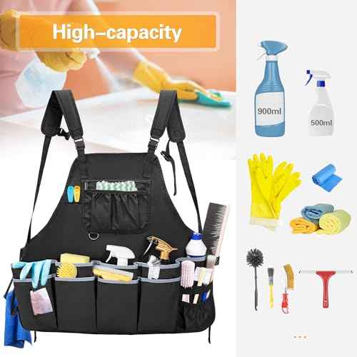 Large Cleaning Apron with Dual Shoulder Straps, House Cleaning Apron with Multiple Pockets for Housekeeping Work Supplies, Water-resistant Cleaning Caddy Apron for Women & Men (Apron Only)