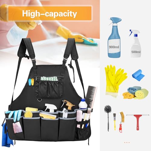 Large Cleaning Apron with Dual Shoulder Straps, House Cleaning Apron with Multiple Pockets for Housekeeping Work Supplies, Water-resistant Cleaning Caddy Apron for Women & Men (Apron Only)