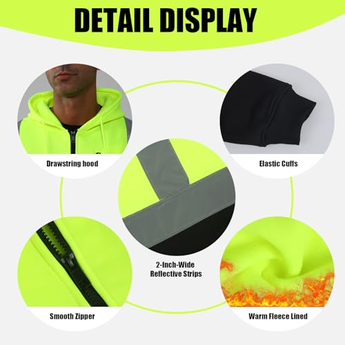 HYCOPROT High Visibility Safety Hoodie Hi Vis Safety Sweatshirts Fleece Reflective Work Jacket for Men Women ANSI Class 3
