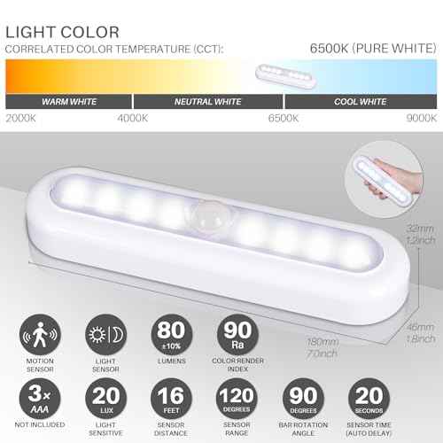 STAR-SPANGLED 3 Pack 7¡± Motion Sensor Lights Indoor Battery Operated, Stick on LED Light for Closet, Stairs, Under Cabinet, Cool White