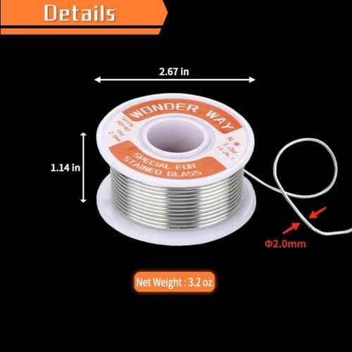 Sn60/Pb40 Solder Wire for Stained Glass Copper Foil, Tiffany Lamps & Church Glass Restoration, 2.0mm Dia No Flux By Wonderway (3.2oz)