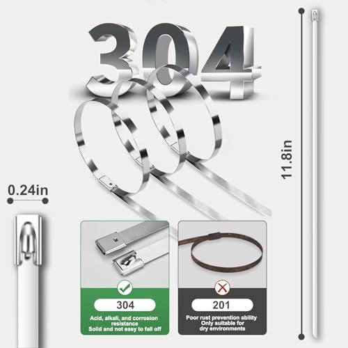 Duthcbw Stainless Steel Zip Ties 100 Pcs, 11.8 Inch Heavy Duty Self-Locking Cable Ties for Outdoor Use