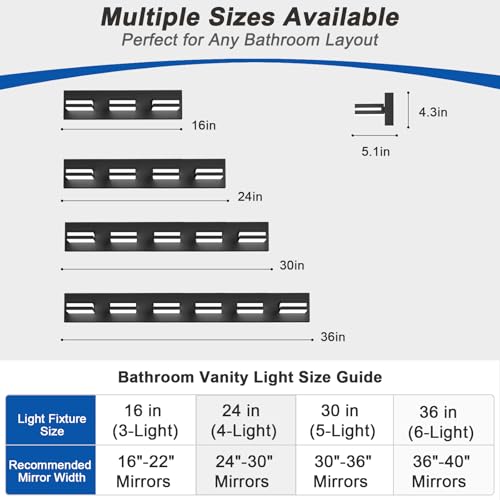 Black 4-Light Dimmable LED Bathroom Vanity Light Fixture, 360° Rotatable, Matte Acrylic Wall Mount - 24 Inch