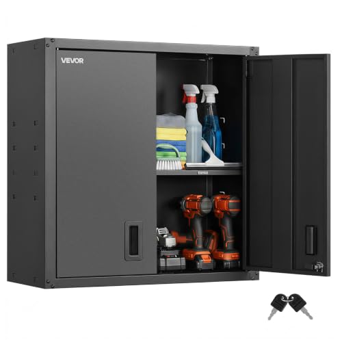 VEVOR Foldable 30in Metal Wall Cabinet with Locking Doors, 4 Adjustable Shelves – Black, 30W x 12.2D x 30H, Garage/Shop