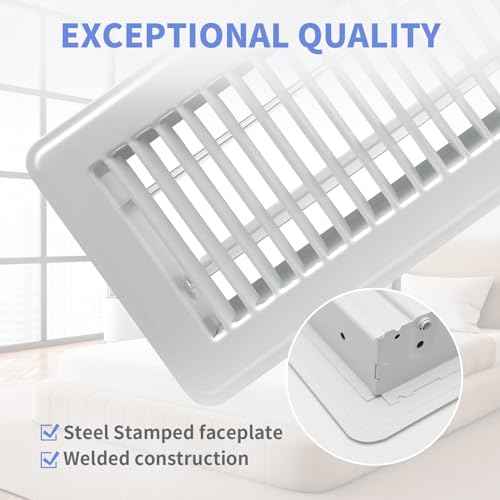 4" x 10" Floor Register - Heavy Duty Steel Walkable Floor Vents - Easy Adjust Air Supply Lever - Vent Covers for Home (White)