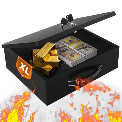 Crinwaki XL Fireproof Document Safe Box with Key Lock - Portable Black Safe for Home & Office