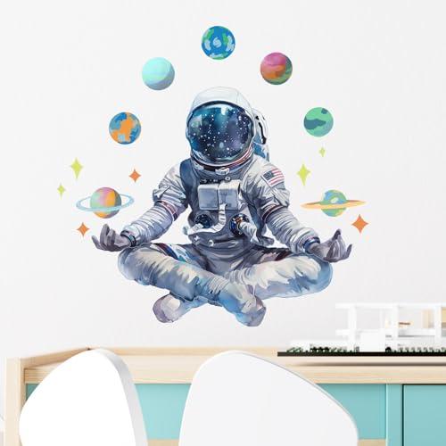 Yoga Astronaut and Planet Star Wall Decals Nursery Preschool Large Wall Stickers for Kid Baby Boy Removable Peel and Stick Waterproof Wall Art Decor Stickers for Living Room Bedroom Playroom