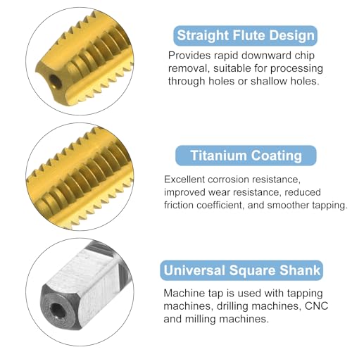 uxcell Metric Thread Tap M8 x 1.25 H2 120mm Extra Long Titanium Coated High Speed Steel 6542 Straight Flute Screw Thread Milling Machine Taps Threading Tapping Repair Tool
