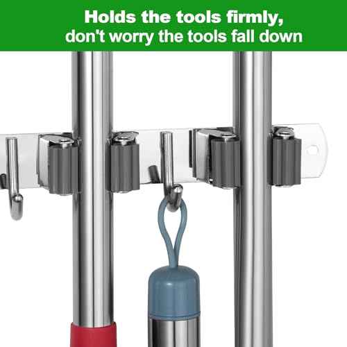 voze [2 Pack] 5 Racks and 4 Hooks Mop and Broom Holder Wall Mount, Self Adhesive Heavy Duty Broom Organizer Storage Tool Racks for Kitchen Garden Laundry Garage, Silver