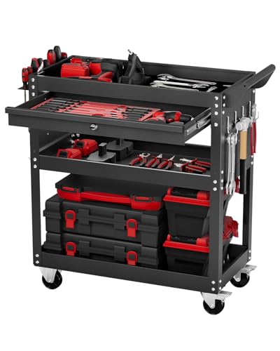 VEVOR 4-Tier Rolling Tool Cart with Lockable Drawer, 350 lbs Capacity, 32.7 x 13.8 x 32.5 in