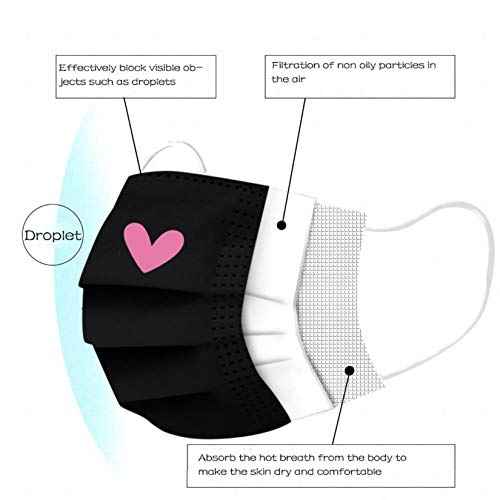 50pcs Cute Disposable Face Masks, Pink And Black Masks with Hearts Printed, 3-Ply Full Face Protection for Women Teen Girls