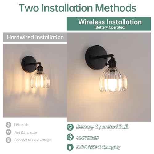 Vintage Battery Operated Wall Sconce with Cute Transparent Tulip Glass Lampshade Wireless Rechargeable Battery Powered Black Wall Light with Remote Control for Bedside Bedroom Doorway