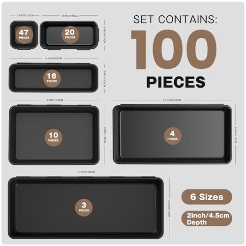 A-LuGei 100pcs Tool Box Organizer Tray Set, 6 Sizes - Black