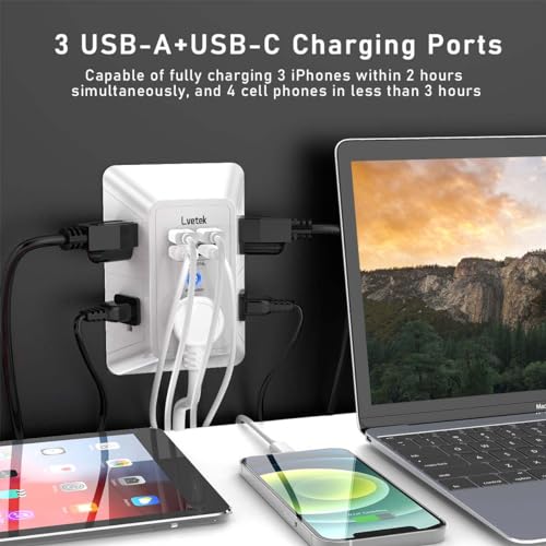 Lvetek 3U1C White Multi Outlet Extender with 4 USB & Surge Protector