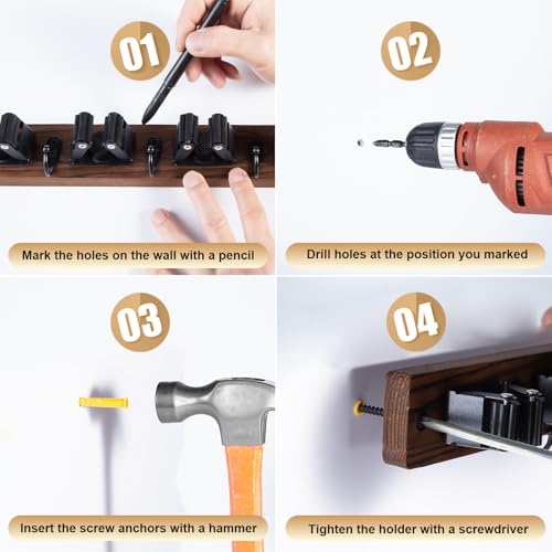 FunCee Brown Wall Mount Broom Holder with 5 Slots & 4 Hooks, Rustic Wood Storage Rack