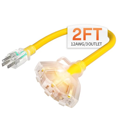Deeklify 2 FT Heavy Duty 12 Gauge Outdoor Extension Cord with Multiple Outlets