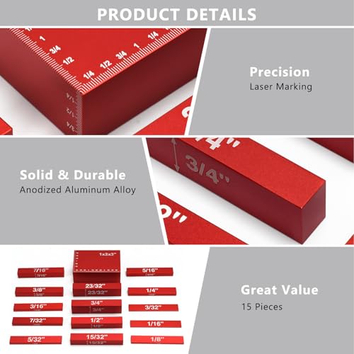 Ismosm 15-Piece Setup Blocks Height Gauge Set Red for Router Table & Table Saw