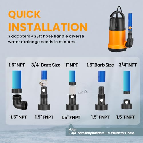 20ft Submersible Water Pump with 25ft Hose, 4000 GPH Portable Drain Pump