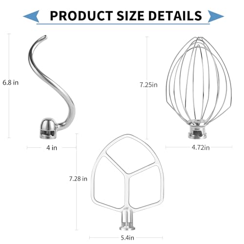 Stainless Steel 3-Piece KitchenAid Mixer Attachment Set with Whisk, Dough Hook & Flat Beater (Fits 5 Plus/6 Qt)