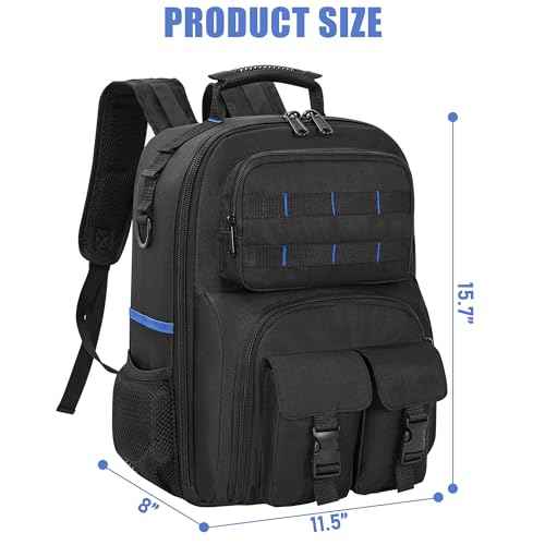 Tool Backpack, Heavy Duty Tool Bag with Padded Shoulder and Removable Tool Organizer, Water-Resistant Work Backpack, for Electrician, Plumber, HVAC, Cable Repairman, Black & Blue
