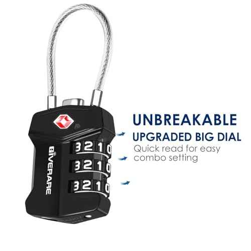 2 Pack TSA Approved Travel Luggage Locks, Cable Combination Lock Alloy, Metal Keyless 3-Digit Padlocks, Weatherproof TSA Accepted Padlock for Gym Locker, Golf Bag Case, Backpack, Black-by GIVERARE