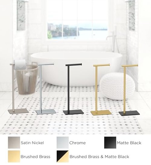 Gatco 1431SN, Modern Rectangle Base Freestanding Toilet Paper Holder, 22.25”, Satin Nickel/Free Standing Toilet Tissue Holder Stand with Weighted Base