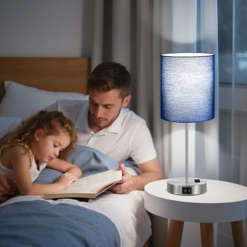 Fenmzee Touch Bedside Lamps Set of 2 - Blue-Silver, 17.6in Dimmable USB-C & AC Outlet