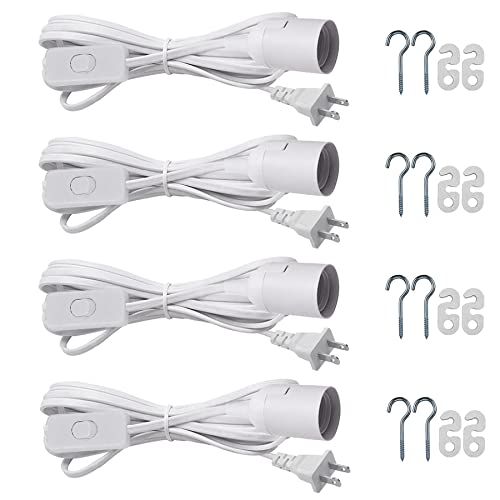Zarnicy White Hanging Light Socket with Cord - 8.2Ft Extension Pendant Lamp Cable with Switch, 4-Pack, E26/E27