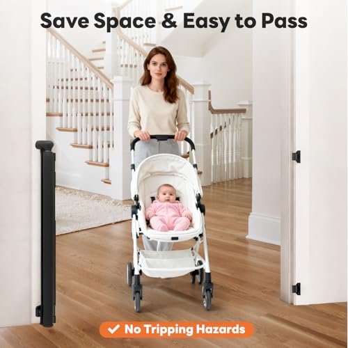 Peluasua Black Retractable Baby Gate for Doorways 55" Wide x 33" Tall Mesh Pet & Child Safety Barrier