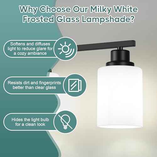 Ascher Bathroom Light Fixtures, 4-Light Vanity Light Over Mirror, Matte Black Wall Sconces with Milky White Frosted Glass Shades, Wall Lamp for Living Room Bedroom, E26 Base(Bulbs Not Included)