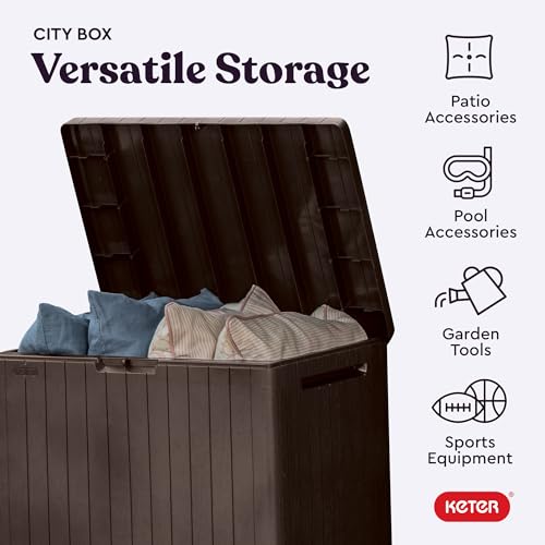 Keter City 30 Gallon Resin Outdoor Storage Box & Side Table - Brown