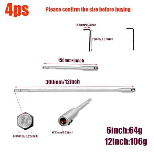 4 Pieces 1/4 Drill Bit Extension Set 6 and 12 Inches with 2 Pieces Key Wood Spade Drill Bit Extension for Electric Tool Accessories Wood Turners Furniture Carpentry and Construction