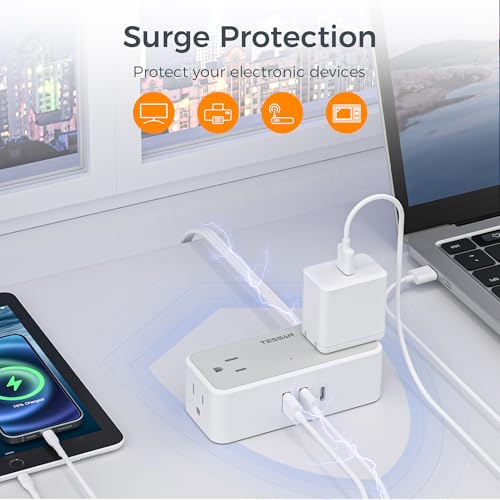 TESSAN 5 FT Power Strip with USB-C & USB-A, Surge Protection, Flat Wall Plug, Gray