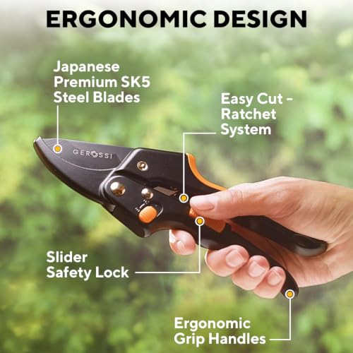 Gerossi Heavy Duty Ratchet Pruning Shears - Orange, 2-in-1 Garden Hand Pruner