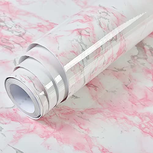 VIOPVERY Pink Marble Contact Paper Self Adhesive 35" x 197", Glossy Vinyl Wrap Waterproof Pink Floral Marble Wallpaper for Countertops Kitchen Cabinet Backsplash, Removable Wall Paper Renter Friendly