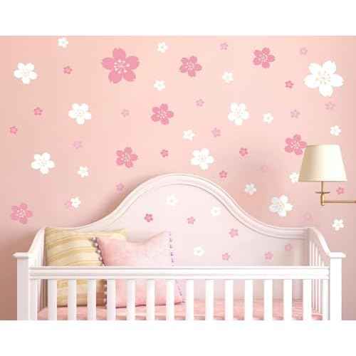 FLFK 55 Pcs Cherry Blossoms Wall Decals Peel and Stick Flower Wall Stickers for Nursery Living Room Bedroom Girls Room Home Decor