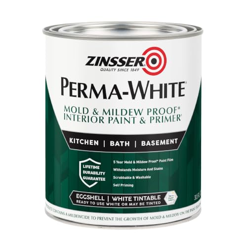 Zinsser PERMA-WHITE Mold & Mildew-Proof Interior Paint Quart Eggshell White - Self-Priming, Washable Finish, 5-Year Mold Resistance