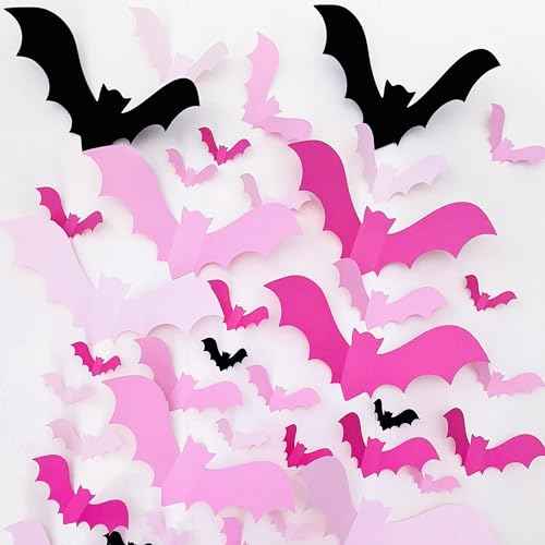 48PCS 3D Bats Wall Decor Pink & Black Bat Halloween Decoration for DIY Home Room Indoor Outdoor Window, Reusable Plastic Scary Gothic Stickers for Halloween Spooky Theme Party Decorations Supplies
