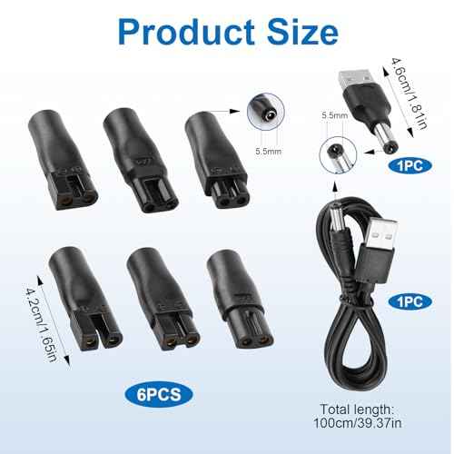 8 Pcs Power Cord 5V Replacement Charger USB Adapter Cable Set Compatible with Trimmers Shavers, Clippers HQ8505 and More, with 7 Adapters Suitable for Desk Lamps, Purifiers, Beauty Instruments
