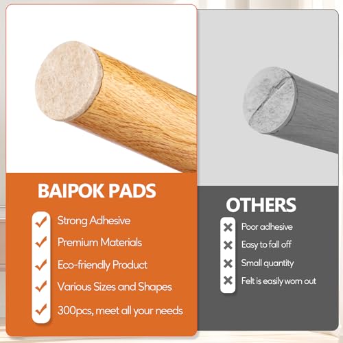 BAIPOK Beige Furniture Felt Pads 300 Pack for Hardwood Floors - Protect & Reduce Noise