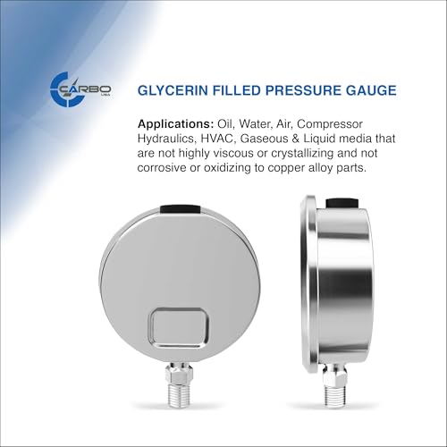 CARBO Instruments Stainless Steel Pressure Gauge Dual Display (0-2000 psi/kPa) - 2 1-2" Glycerine Liquid Filled Water Air Oil Gas Gauge with Polycarbonate Lens & Brass Connection -1/4" NPT Lower Mount