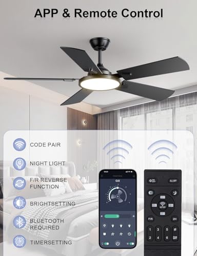 OJX 52 Inch Black Ceiling Fan with Lights, Remote & APP Control