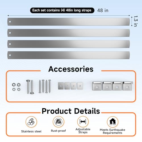 2 Sets Universal Water Heater Earthquake Strap Kit for Up to 80-Gallon Tanks – Secure Mounting Brackets with Install Accessories