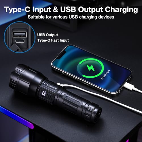 Flashlights High Lumens Rechargeable 2 Packs, 990,000L Handheld Tactical LED Strong Flash Light, Battery Powered Super Bright Flashlight with USB C, 3 Modes, Zoomable, USB Output for Home, Emergency