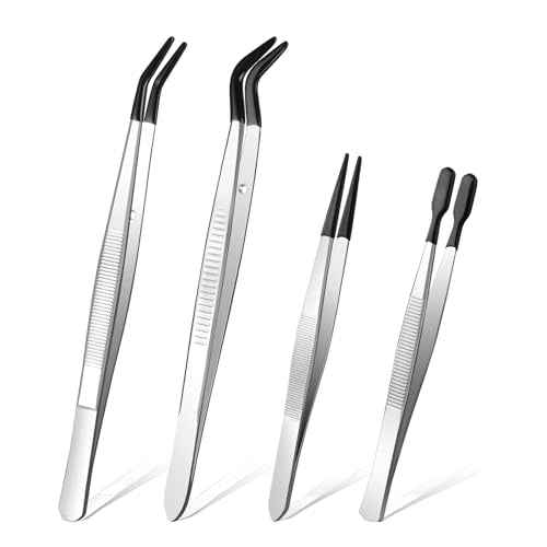 Ainiv 4pcs Tweezers with Rubber Tips, PVC Coated Tweezers Set, Rubber Straight/Flat/Long Curved Tips Non Marring Tweezers for Jewelry Crystals Bead, Crafts Making, Lab Stainless Steel Tweezer Tool