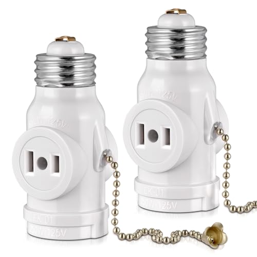 2-Pack E26 Light Socket Adapter with Pull Chain Switch - Converts Medium Screw to Dual Outlets, UL Listed, White