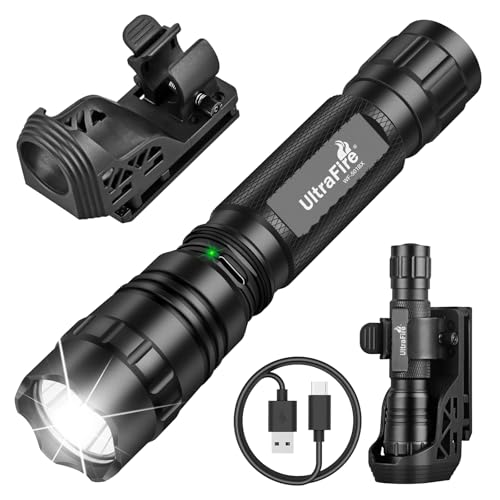 ULTRAFIRE Tactical Flashlight with Duty Belt Holster, 1000 Lumen Rechargeable Police Flashlight for Law Enforcement, 3-Mode Security LED Flashlight with Belt Holder WF-501BX
