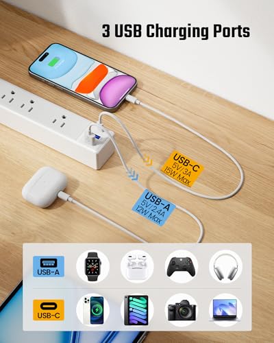 SUPERDANNY 10Ft Flat Extension Cord with Surge Protector Power Strip White
